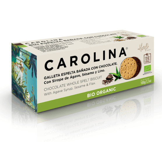 CAROLINA HONEST Galleta Bio Digestive Espelta Integral Bañada con Chocolate, Sirope de Ágave, Semillas de Sésamo y Lino 100g
