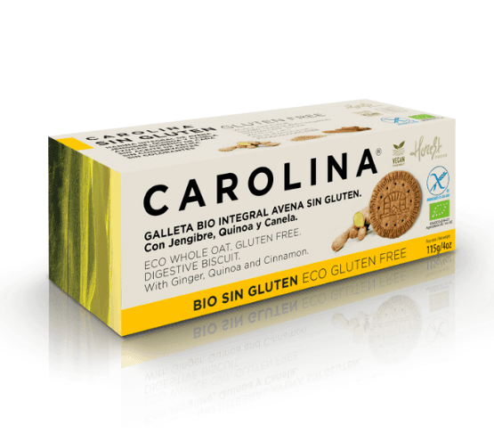 CAROLINA HONEST Galleta Sin Gluten Bio Avena Integral Con Jengibre, Quinoa y Canela 115g
